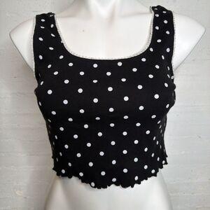 Topshop Polka Dot Crop Tank Lettuce Hem Lace Trim 10 Retro 90s Y2K Indie Sleaze